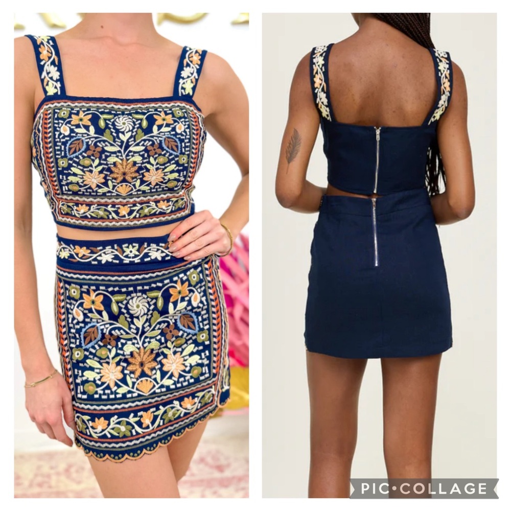 jacquie the label Floral Embroidered Blue Top Mini Skirt 2 piece set large NWT - Picture 8 of 17